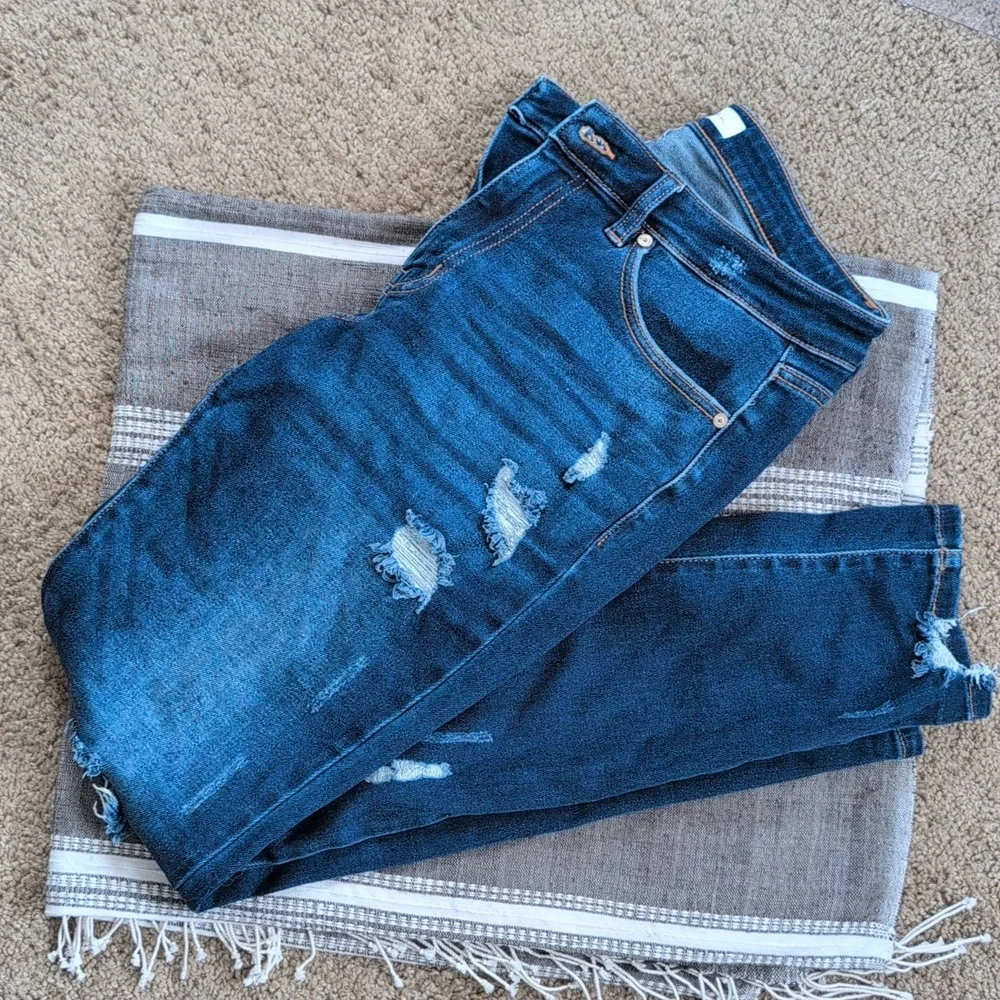 KanCan Women's Distressed Dark Blue Denim Jeans - Picture 1 of 8